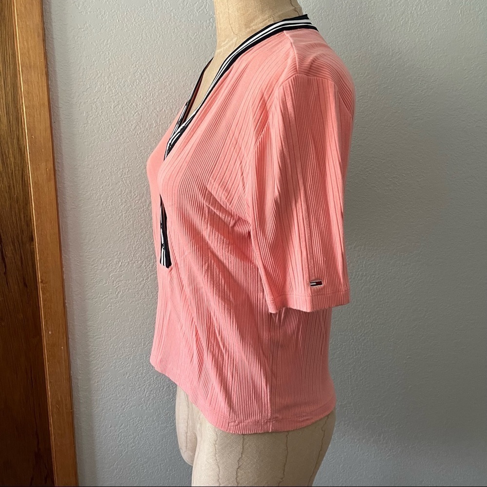 TOMMY JEANS sz M Peach Orange Henley Crop Top Short Sleeve - Picture 2 of 9
